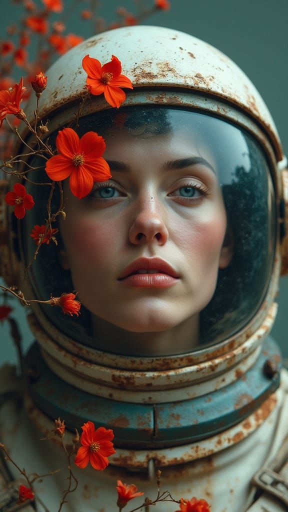 Serene Space Goddess with Blooming Flowers in Worn Space Hel...