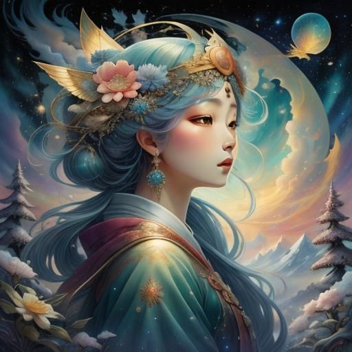 Sorceress in Pine Forest: Ukiyo-e Cloudscape