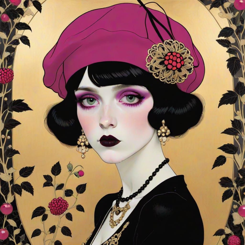 Gothic Raspberry Beret Cartoon in Art Nouveau Style