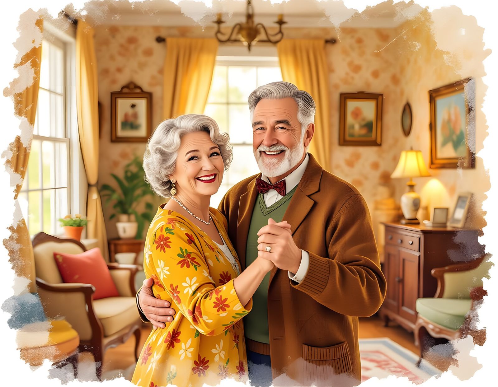 Charming Senior Couple Dancing in Cozy Home as Watercolor Il...