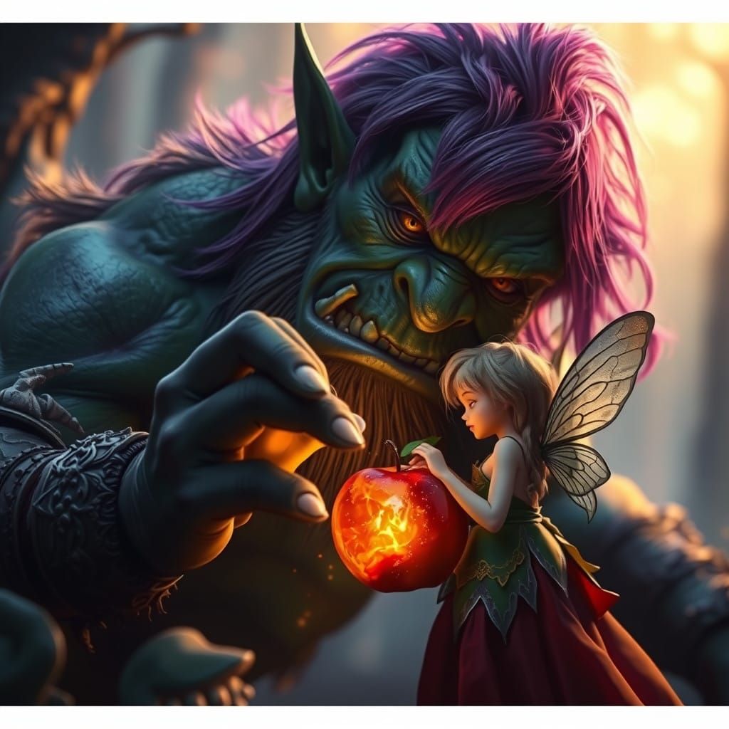 Surreal Ogre Helps Fairy Harvest Apple in Dark Fantasy Art