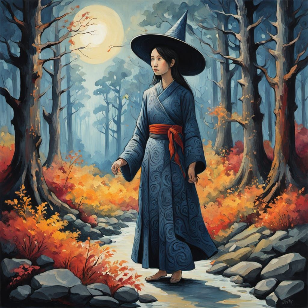 Korean Witch in Mystical Forest Gouache Painting
