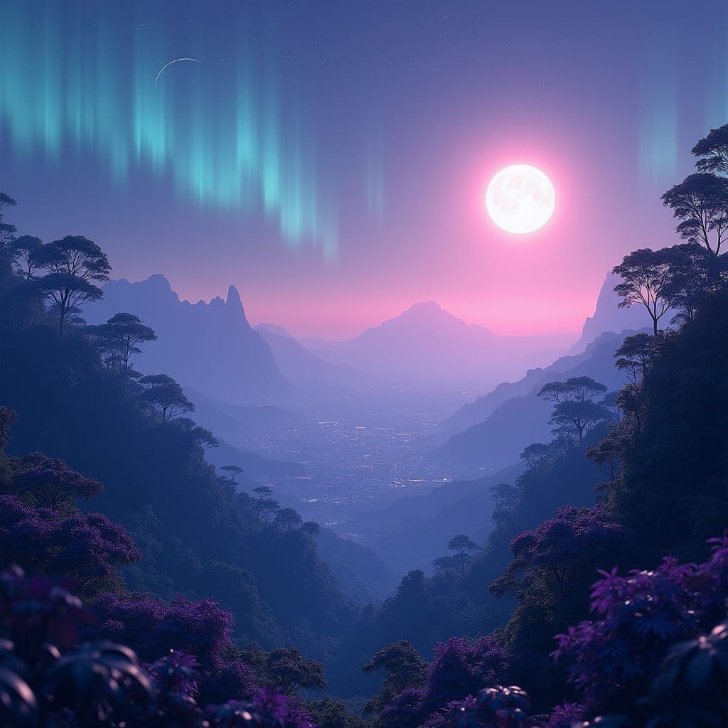 City in Purple Rainforest Under Distant Yellow Star