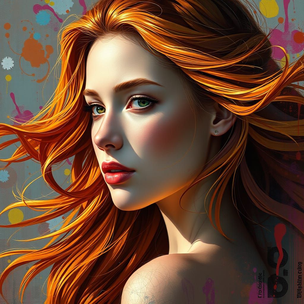 Beautiful Woman with Flowing Ginger Hair, Hyperrealistic Con...