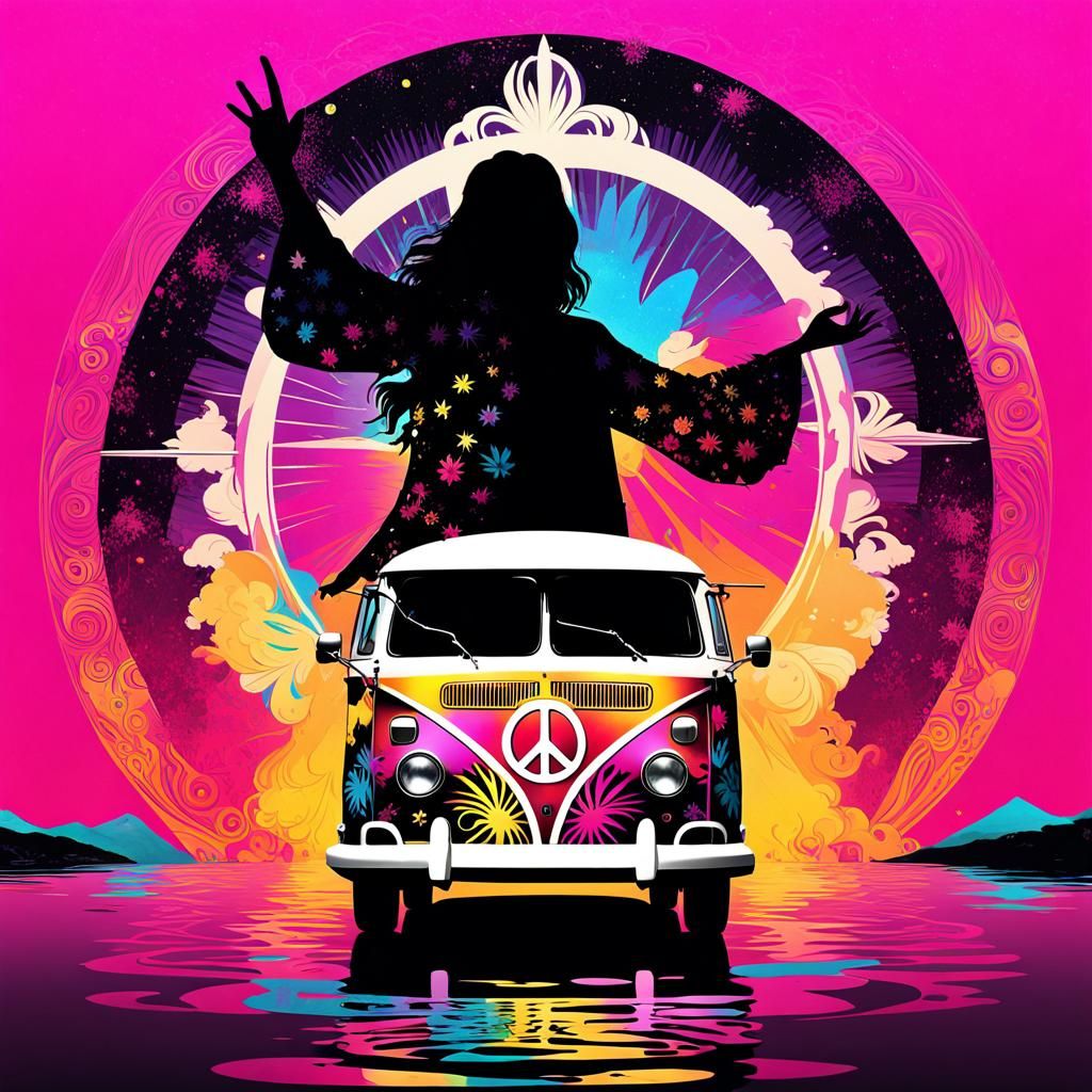 Hippie Van Silhouette in 1960s Psychedelic Style
