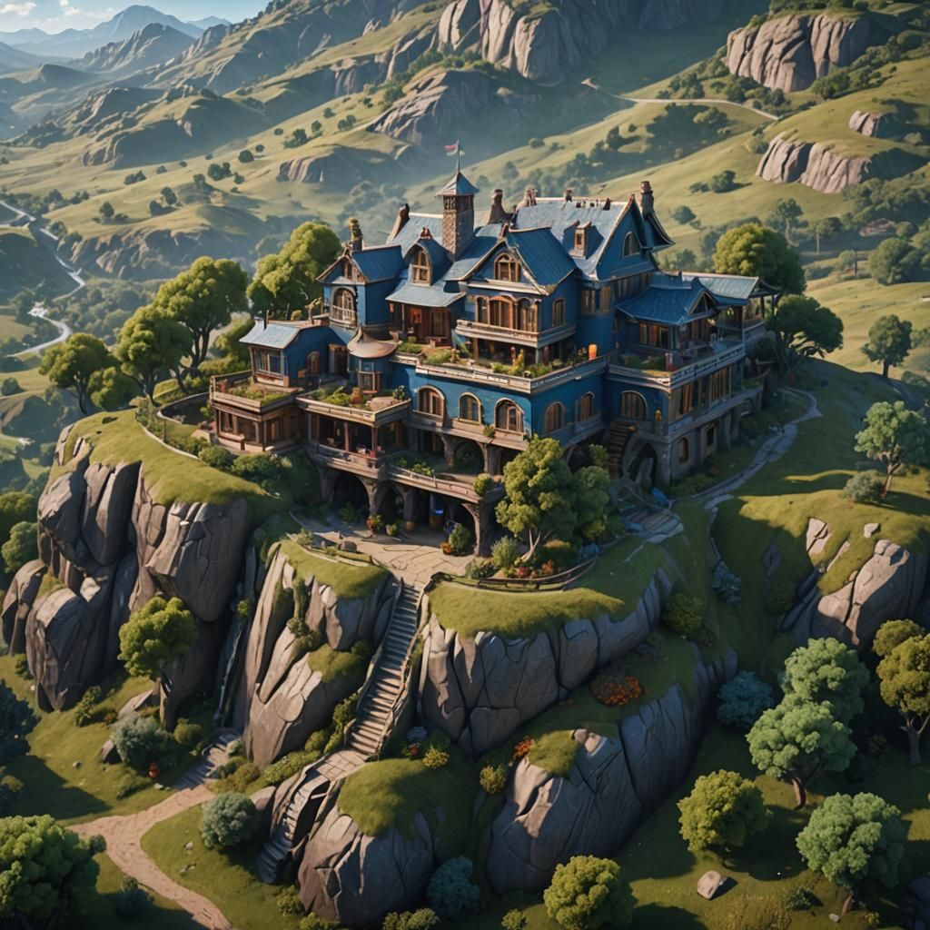 Blue Ranch House on Hill: Detailed Matte Painting