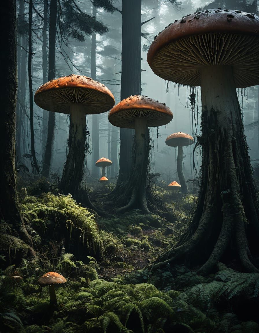 Ethereal Mushroom Forest in Dark Fantasy Landscape