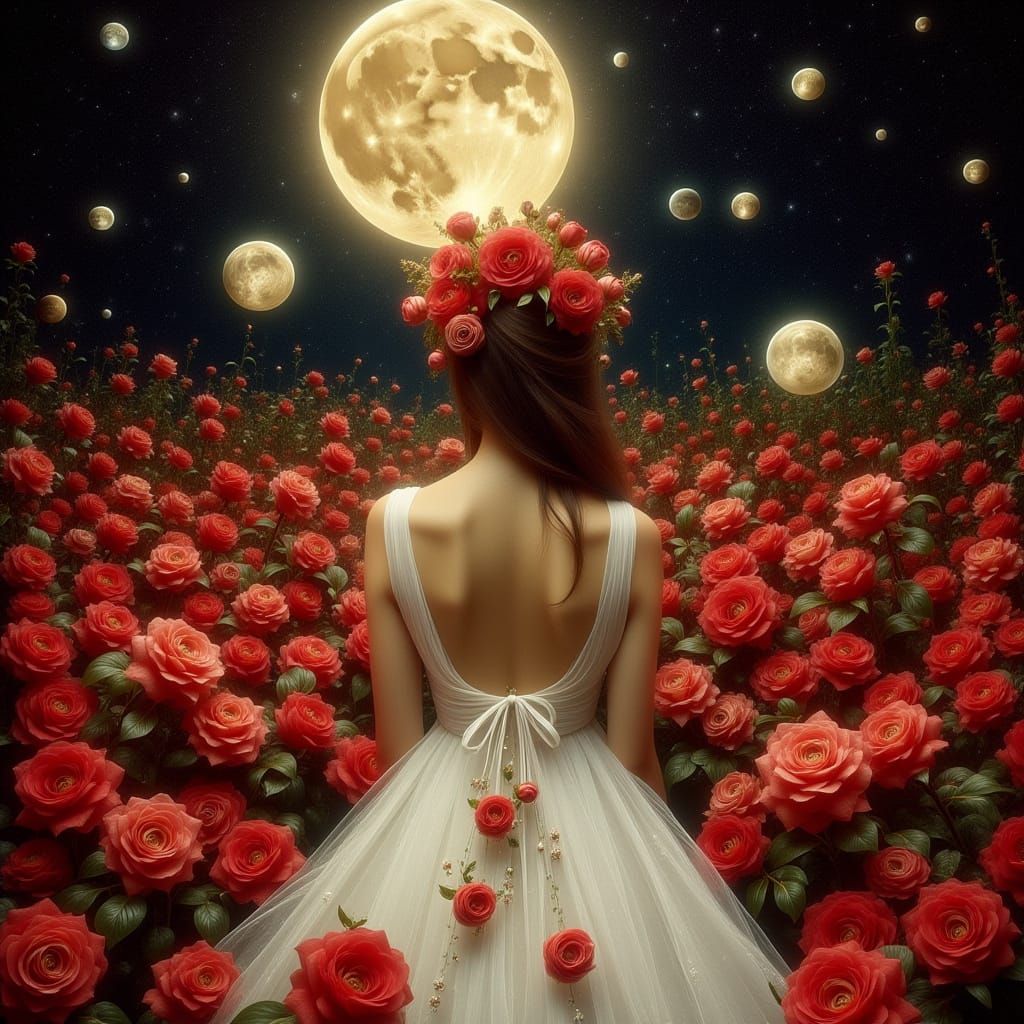 Woman in Roses Field Under Starry Night