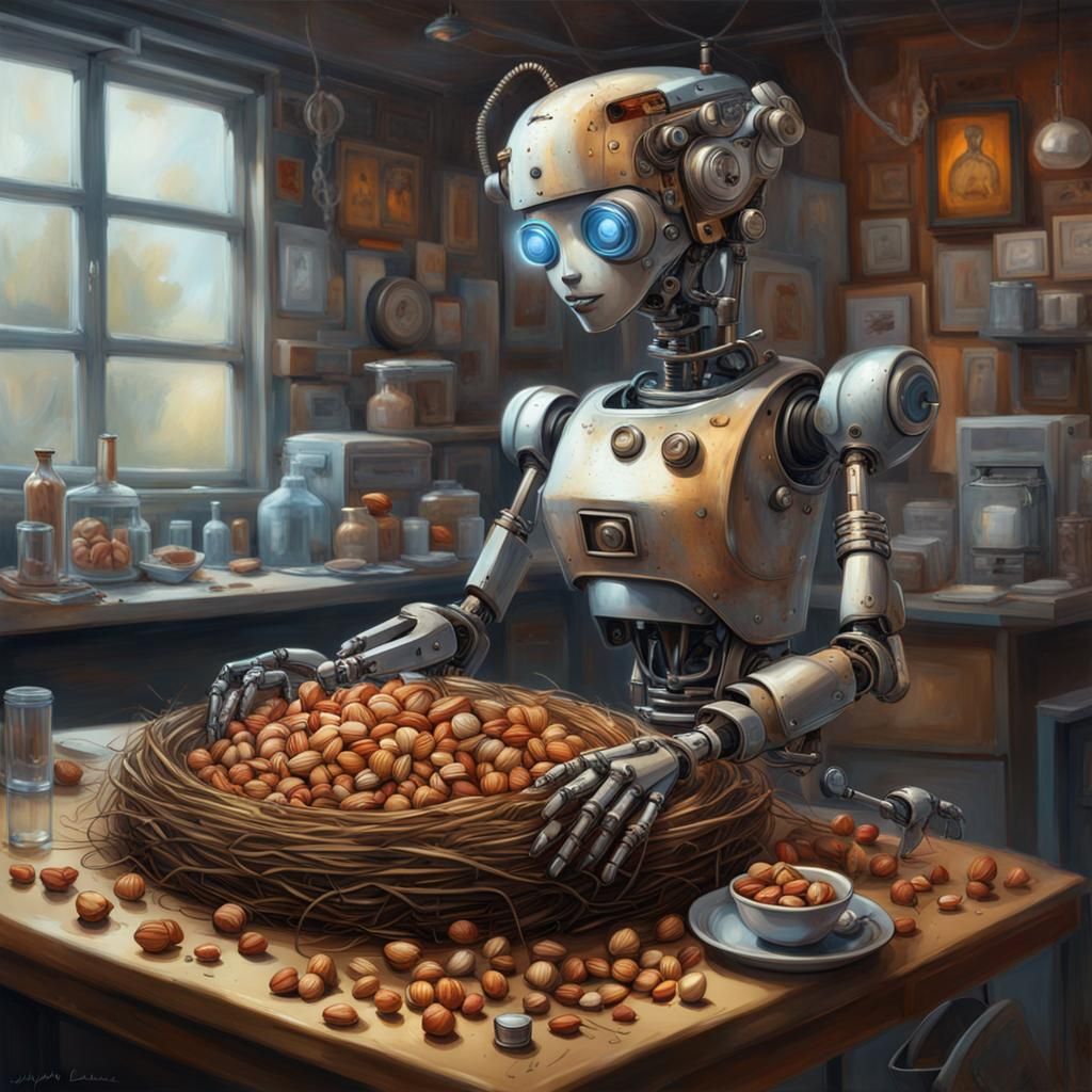 Robot Waitress in Nest of Spare Parts, Hyperrealistic Art