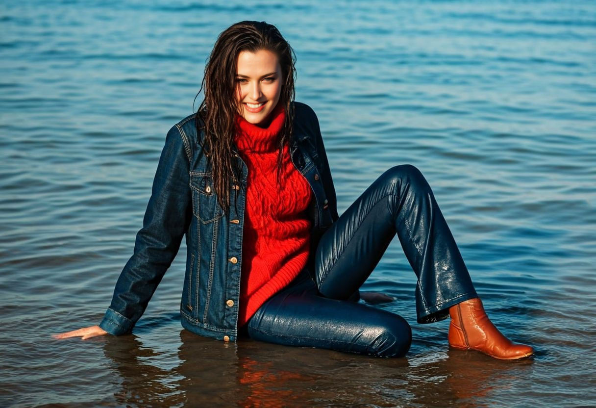 Brunette in Wet Denim at the Beach: Photorealistic Style