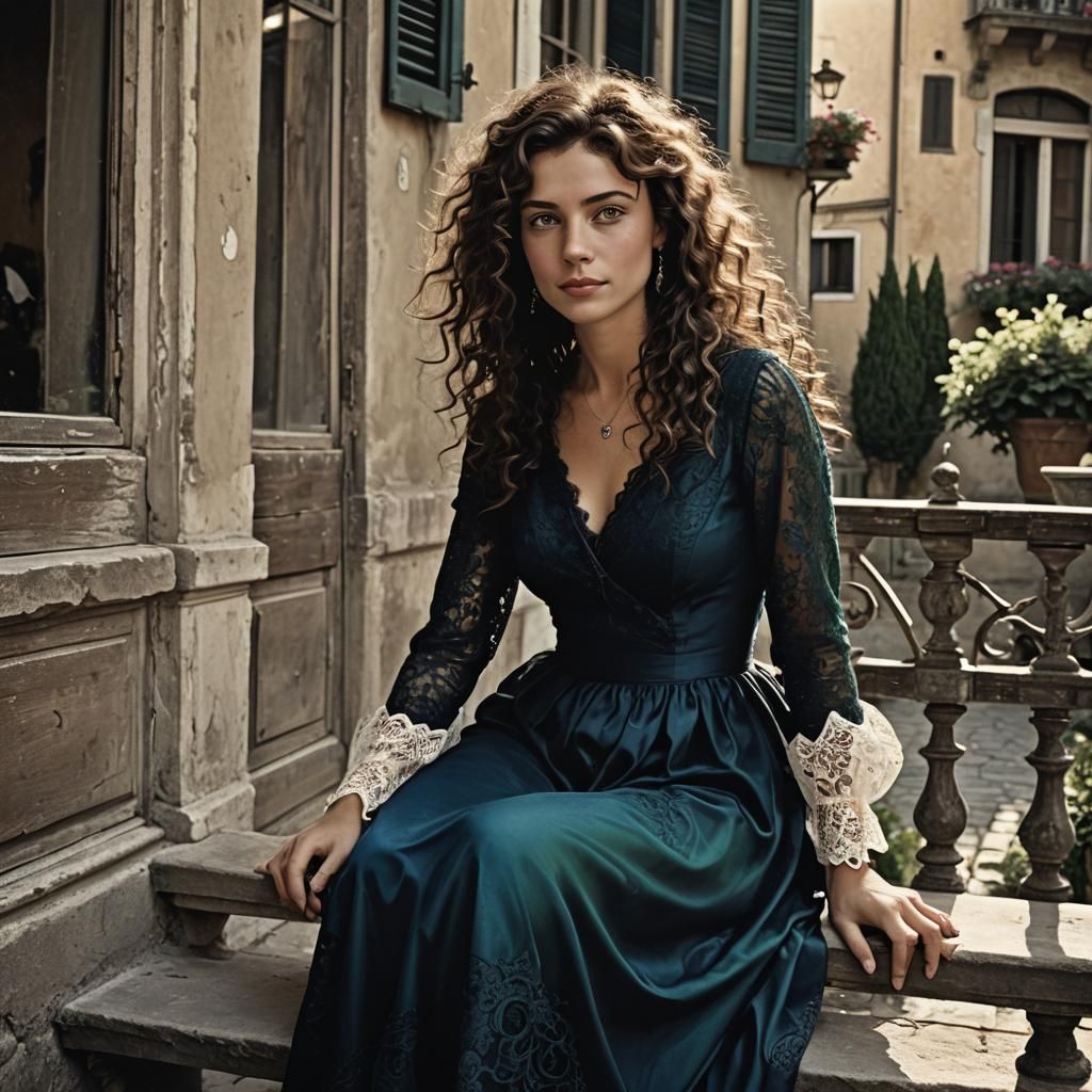 Elegant Woman on Italian Porch at Sunset