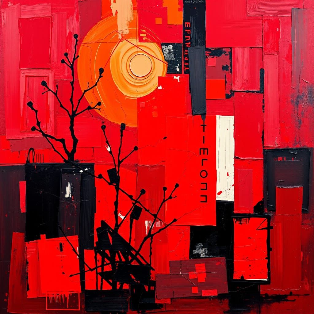 Abstract Cubist Composition in Fiery Red