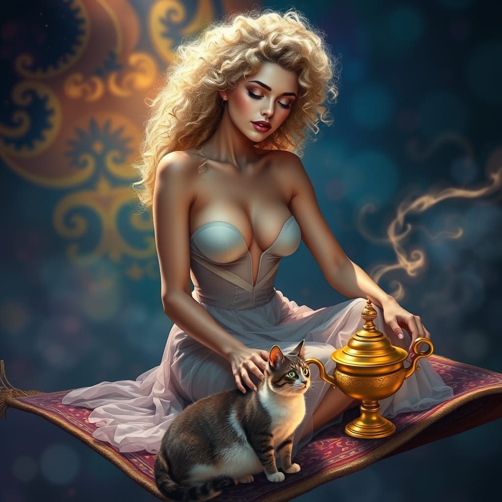 Woman with Cat on Flying Carpet, Magic Lamp Scene