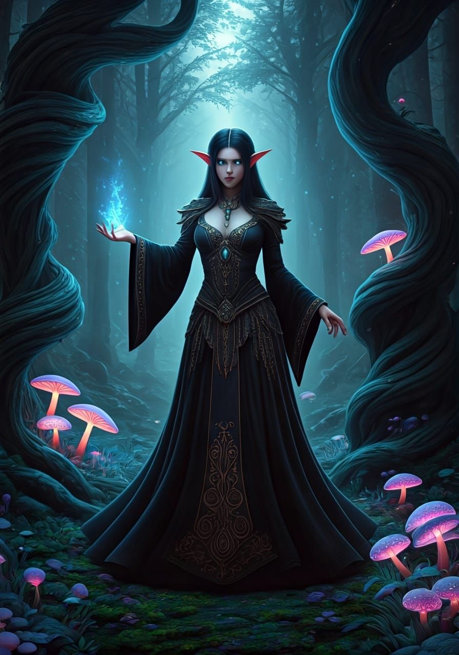 Mystical Dark Elf Witch Casting Spell in Anime Style