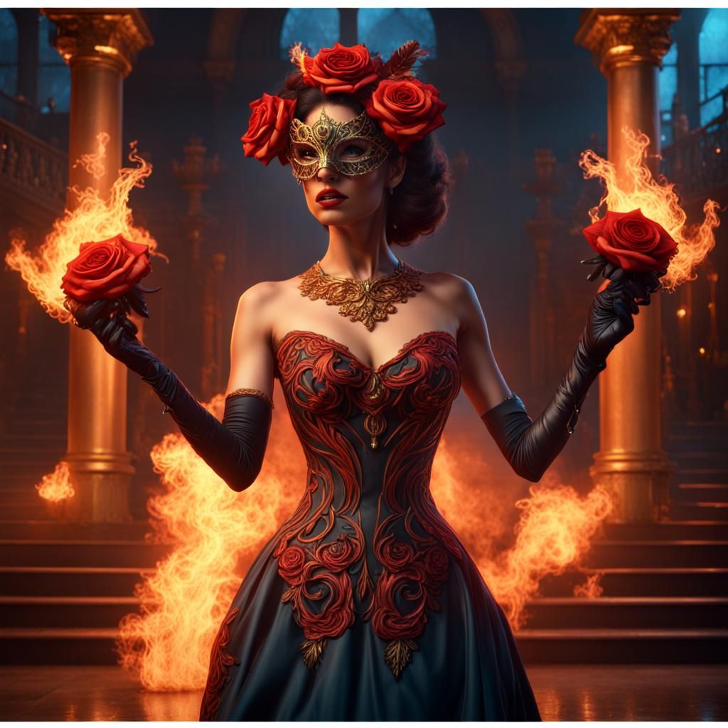 Masquerade Ball: A Woman Amidst Fire Roses