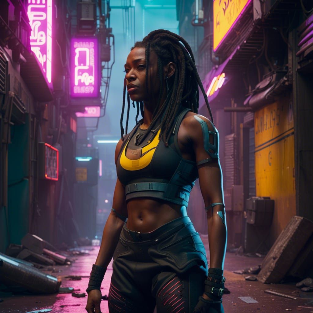 Cyberpunk Woman in Futuristic Alleyway