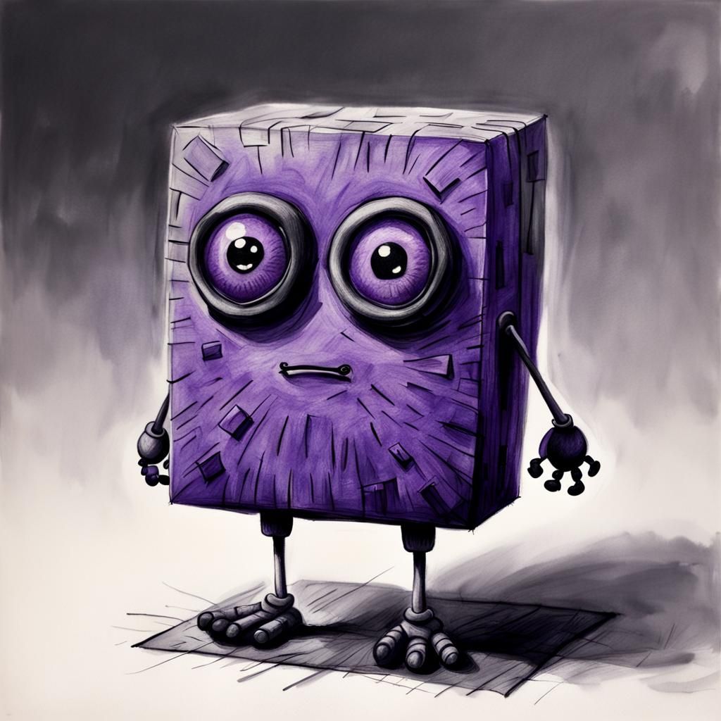 Cute Purple Square Character in Charcoal Style