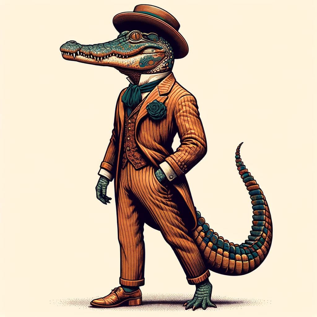 Anthropomorphic Crocodile in 19th Century Poster Art Style