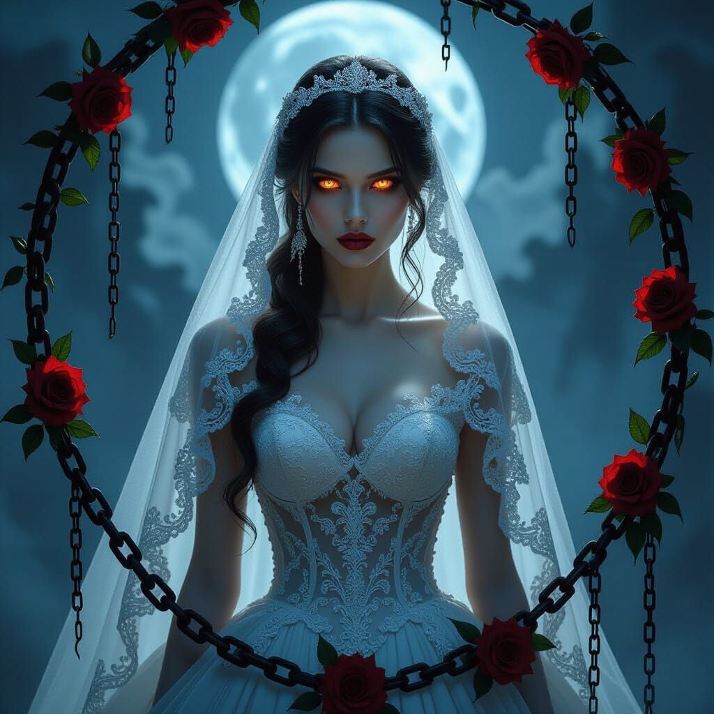 Gothic Bride in Stormy Moonlight, Romantic Horror Style