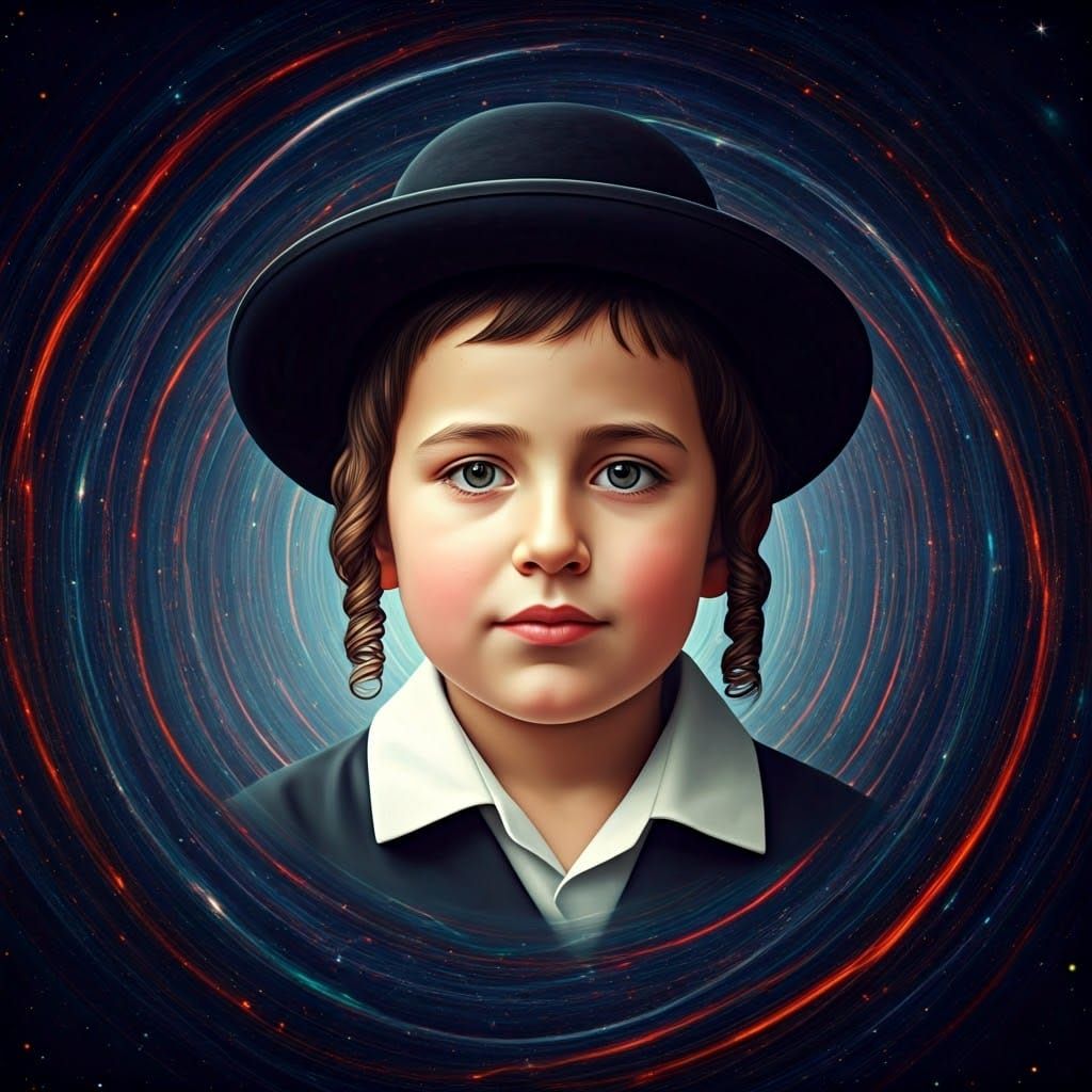 Serene Orthodox Hasidic Boy in Cosmic Galaxy Landscape