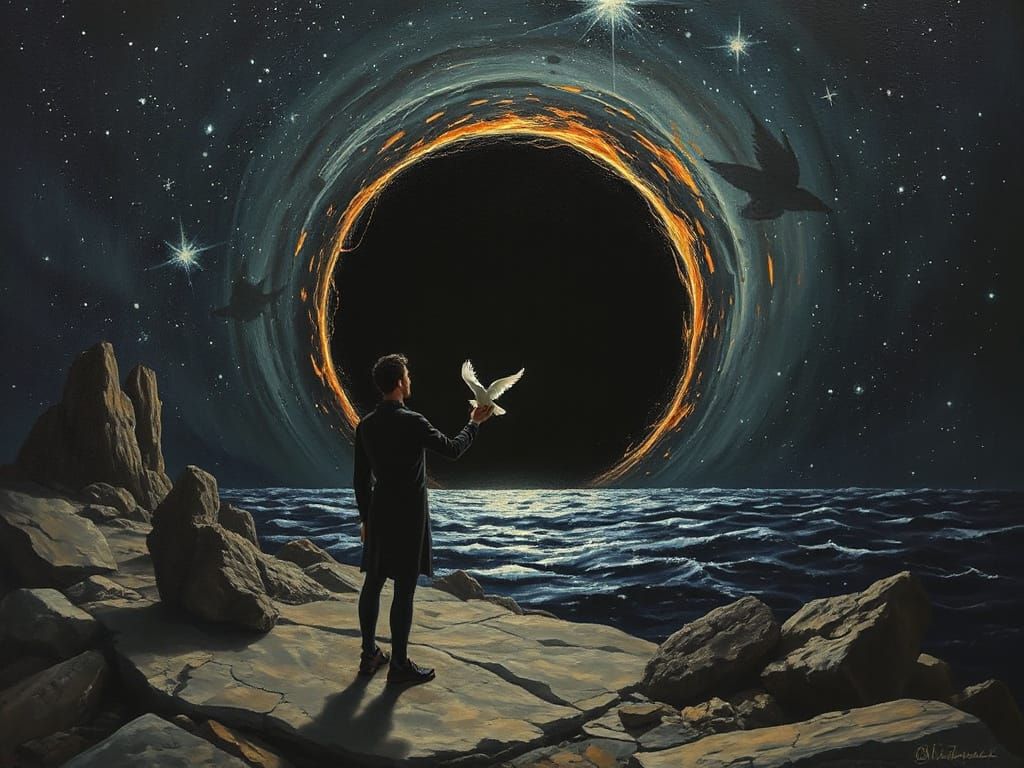 Demon Gazing into Starry Black Hole: Oil Painting