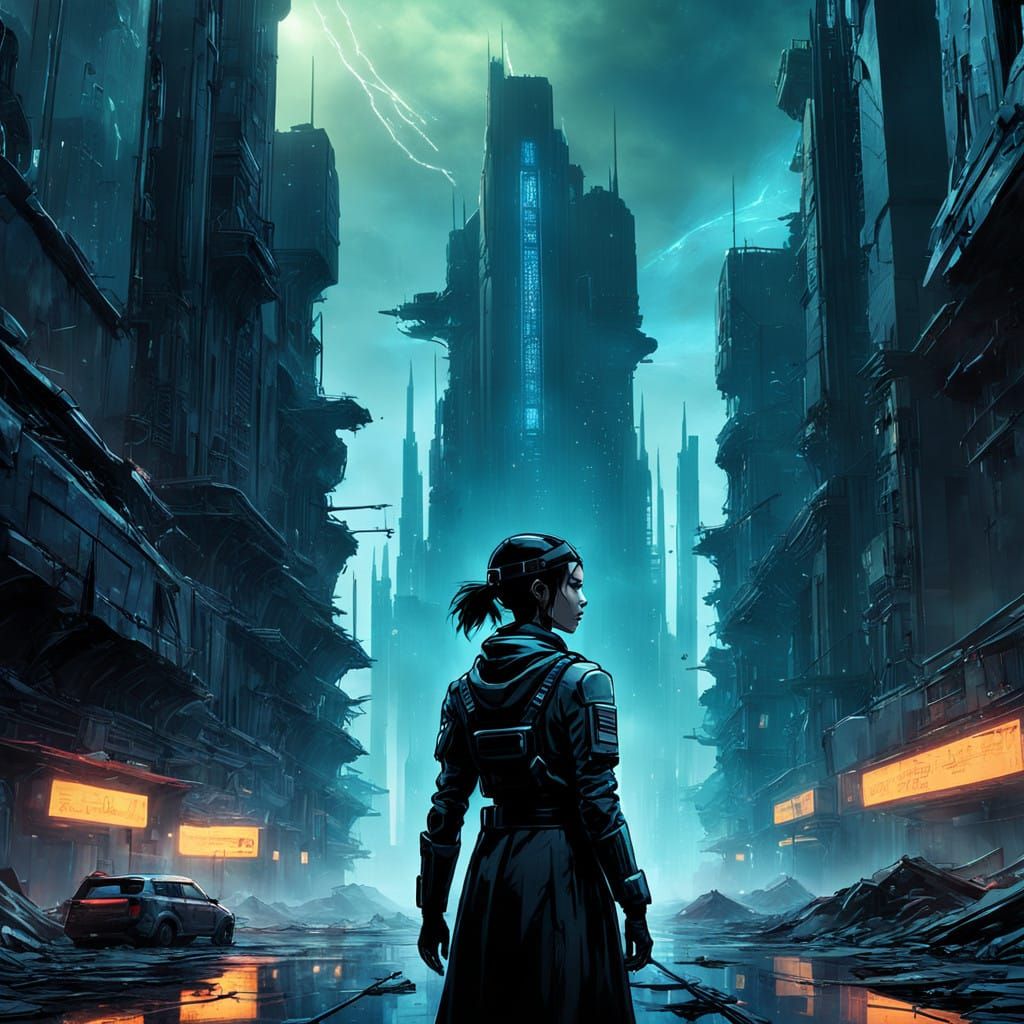 Cyberpunk Female Figure Stands Amidst Digital Expanse