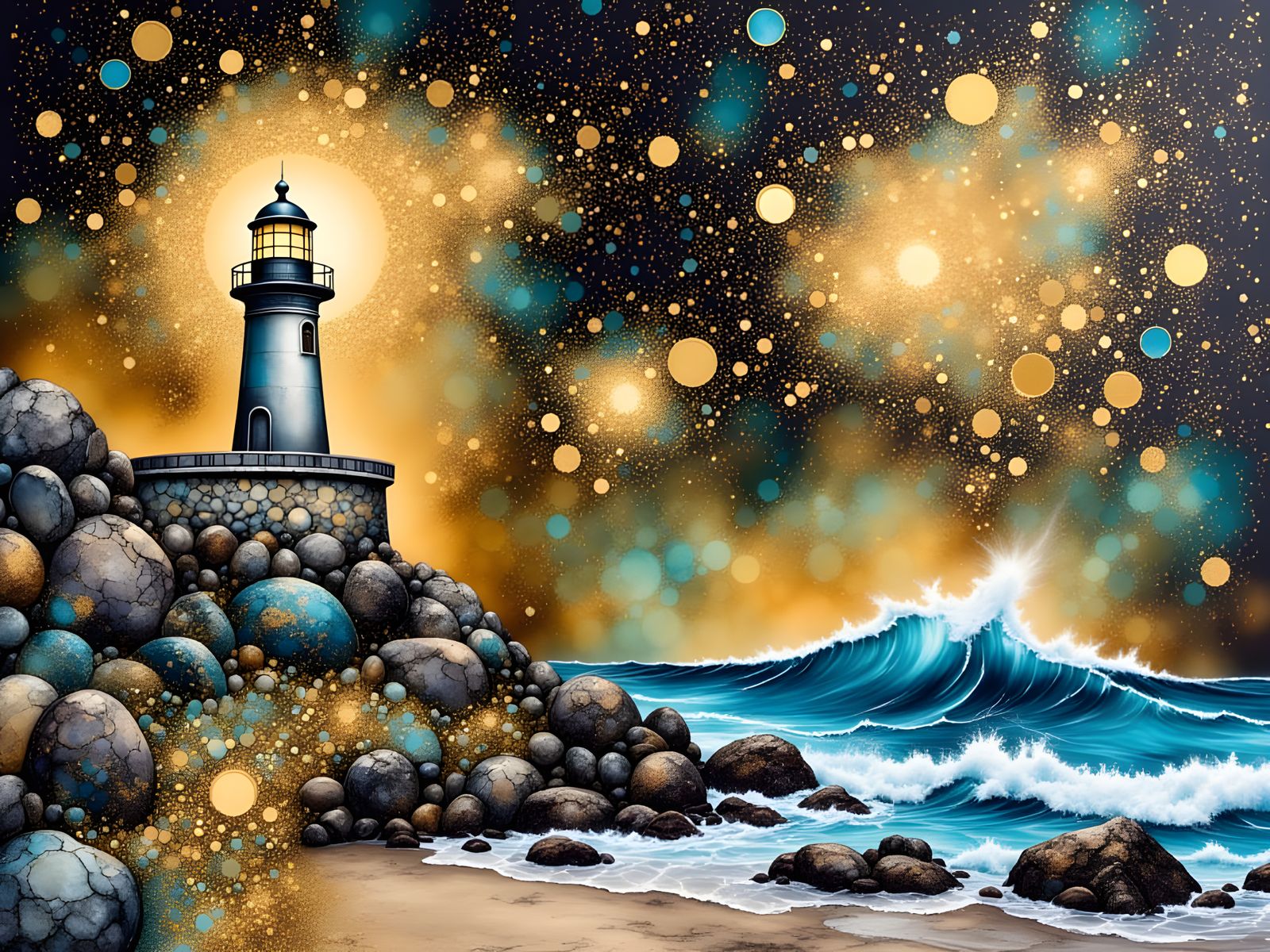 Alcohol Ink Lighthouse on Rocky Shore with Starry Sky