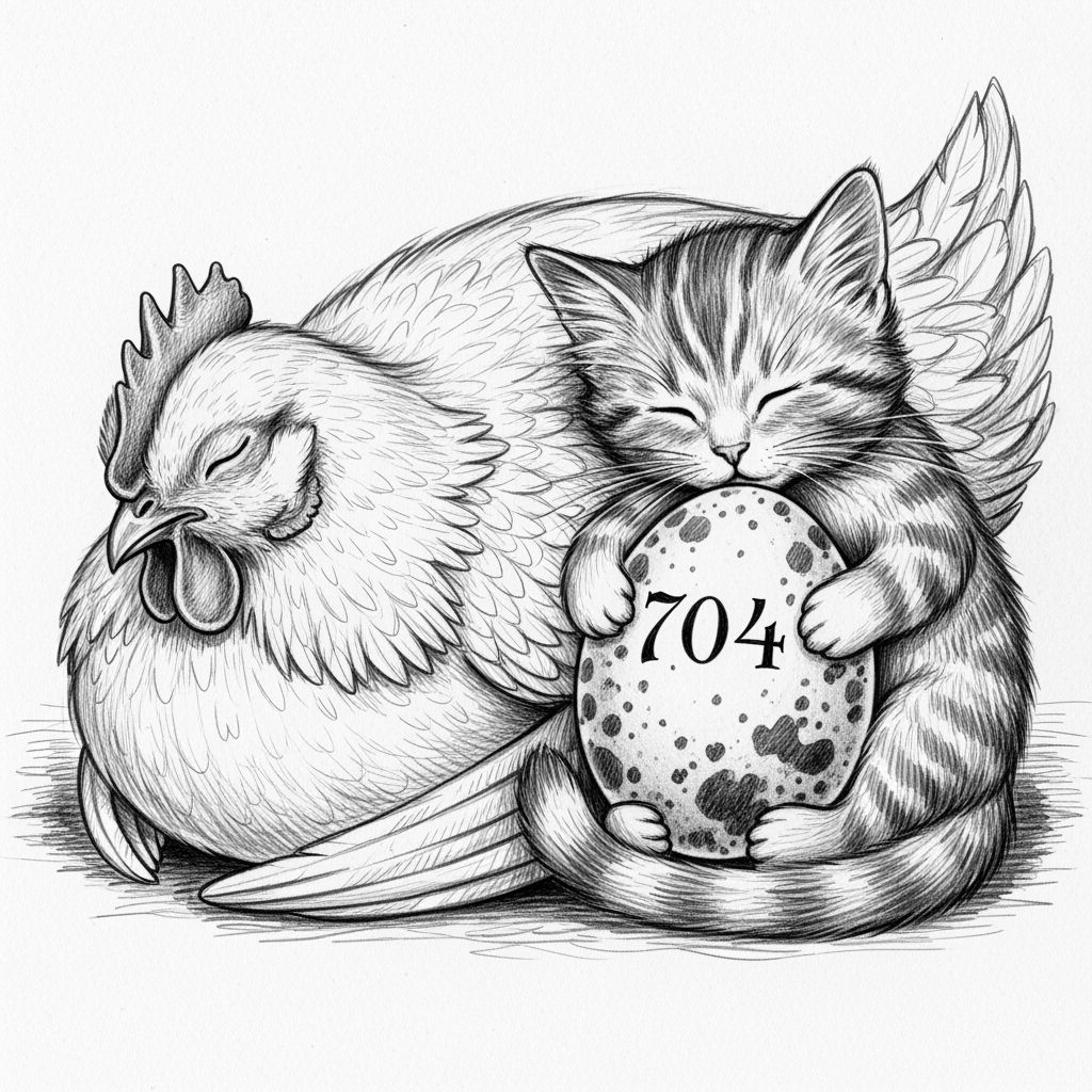 Pencil Sketch of Sleeping Cat and Hen with Marked Egg