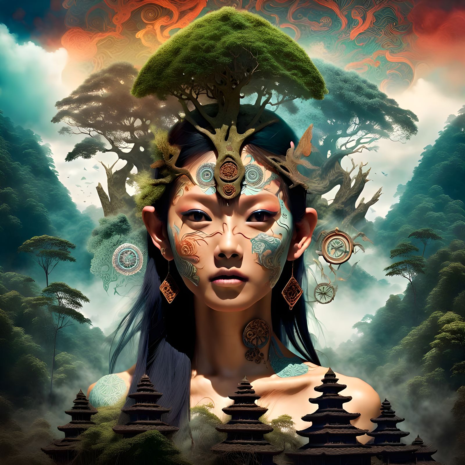 Surreal Indonesian Deity with Sacred Symbols