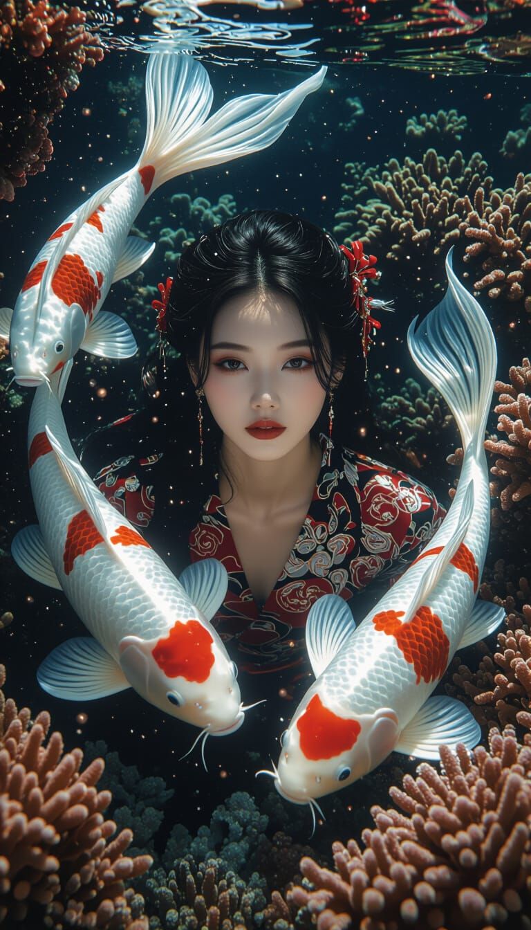 Ethereal Koi Embrace: A Hyper-Realistic Underwater Portrait