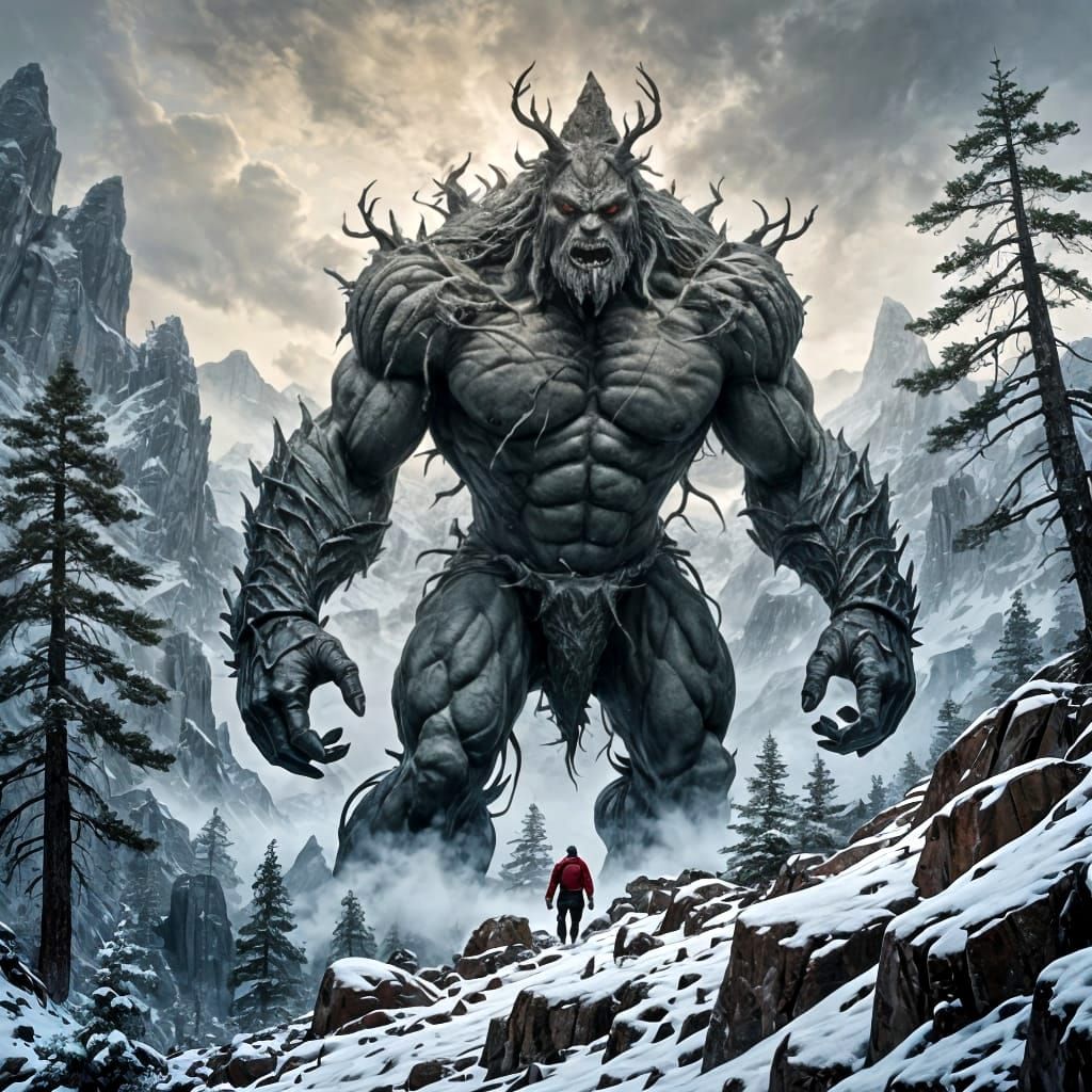 Menacing Rock Giant in Snowy Alpine Forest