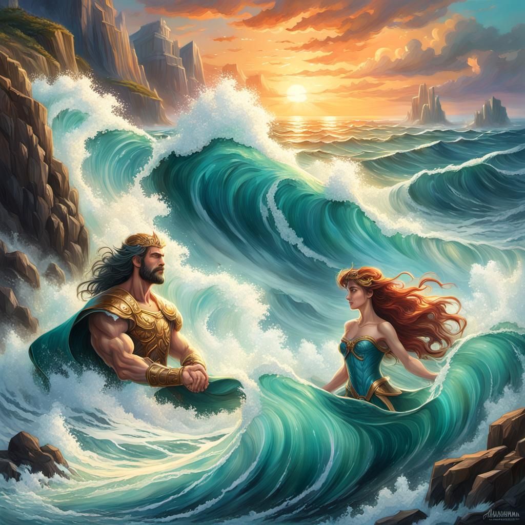 Poseidon God of the Sea with beautiful Princess Ariel.