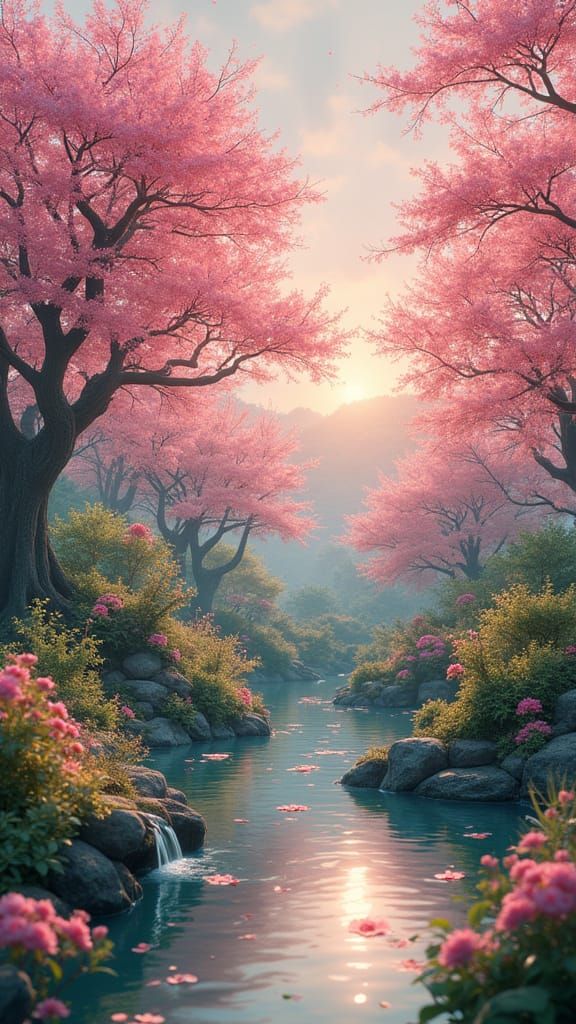 A Serene Asian Garden with a Vibrant Cherry Blossom Tree in ...