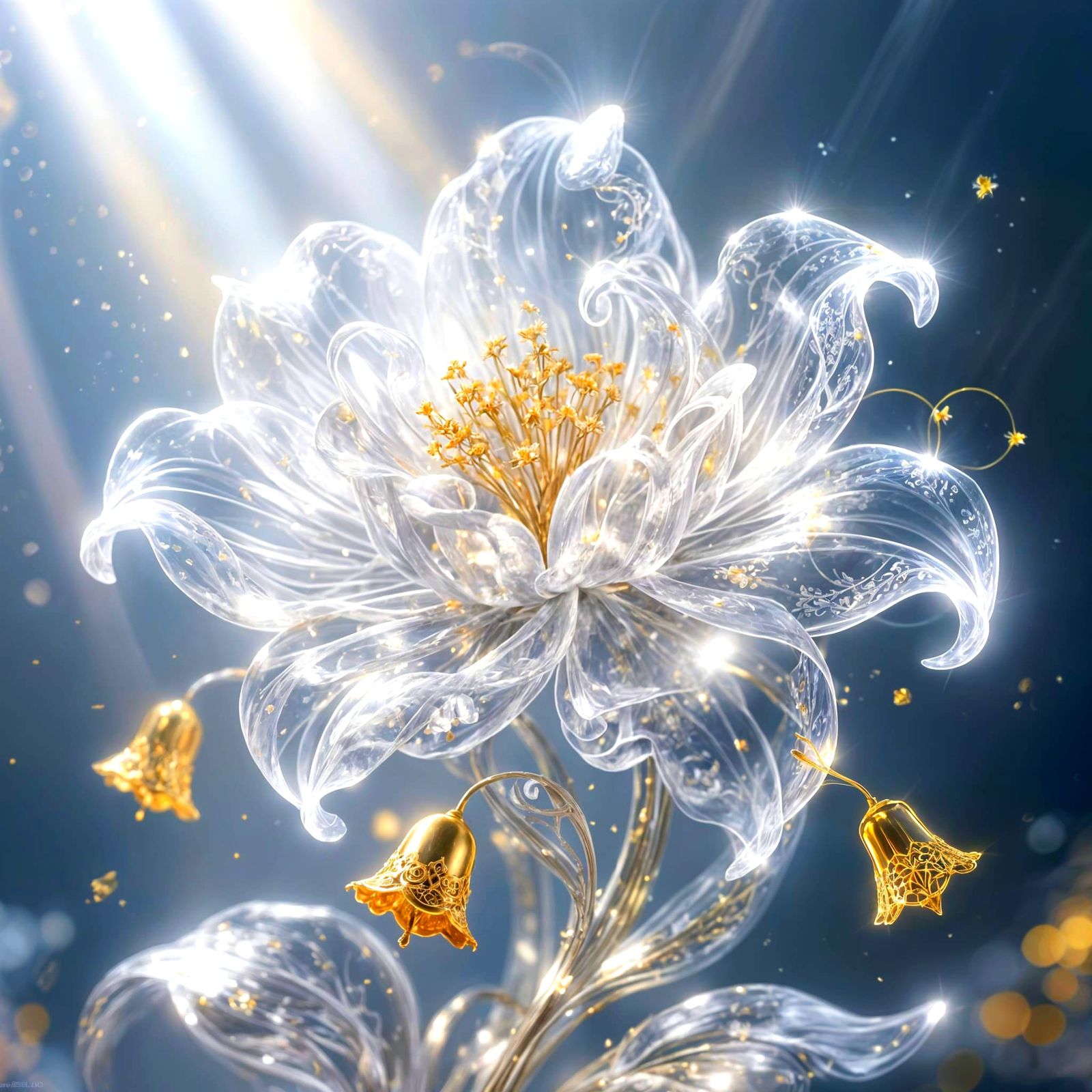 Ethereal Silver Flower with Golden Bells and Lace Petals