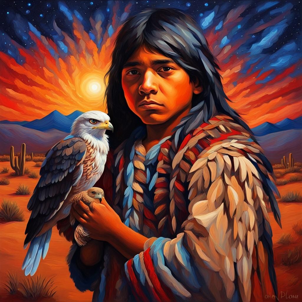 Native American Boy with Hawk, Impasto Oil Painting