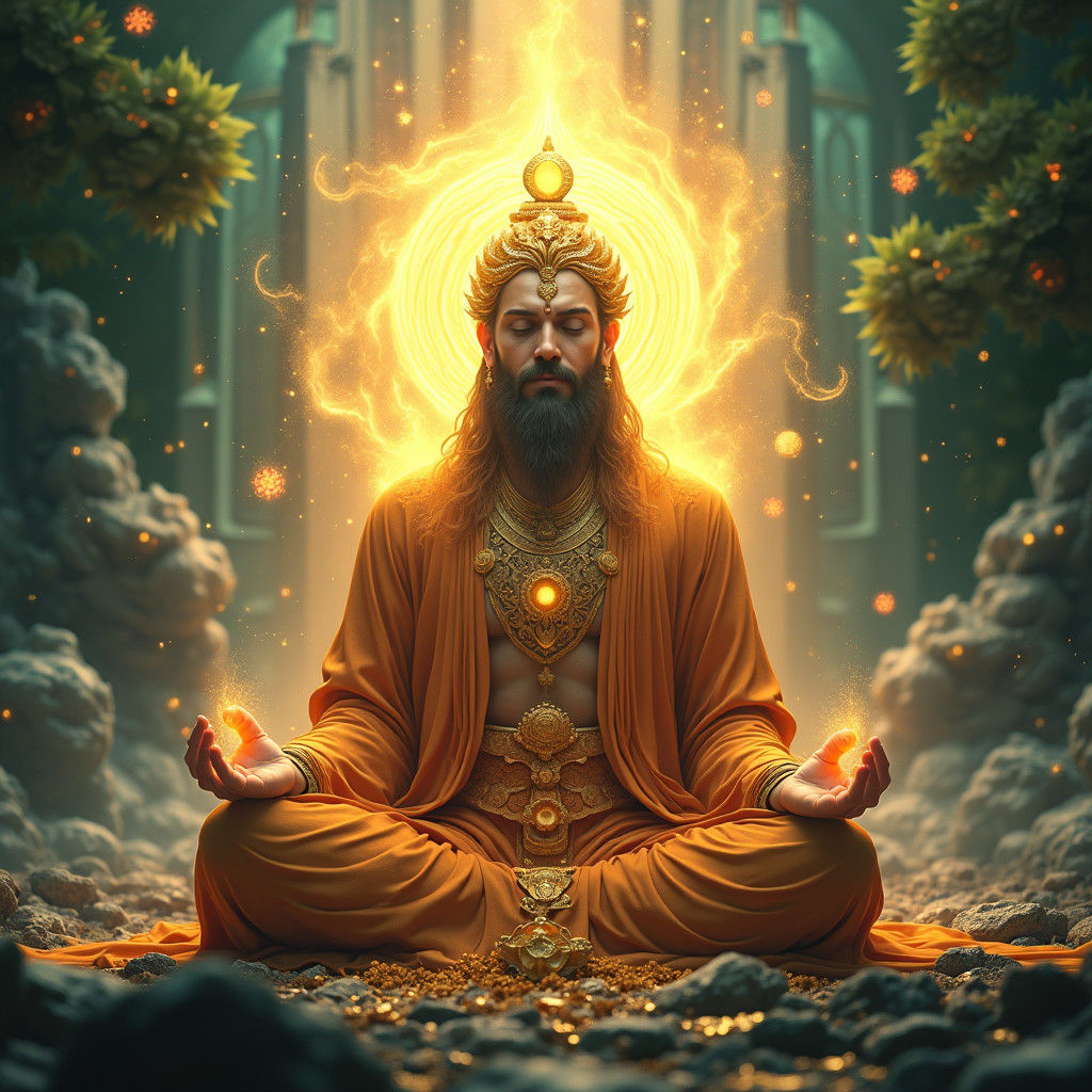 Serene Golden Man in Dhyan Pose: Fantasy Concept Art