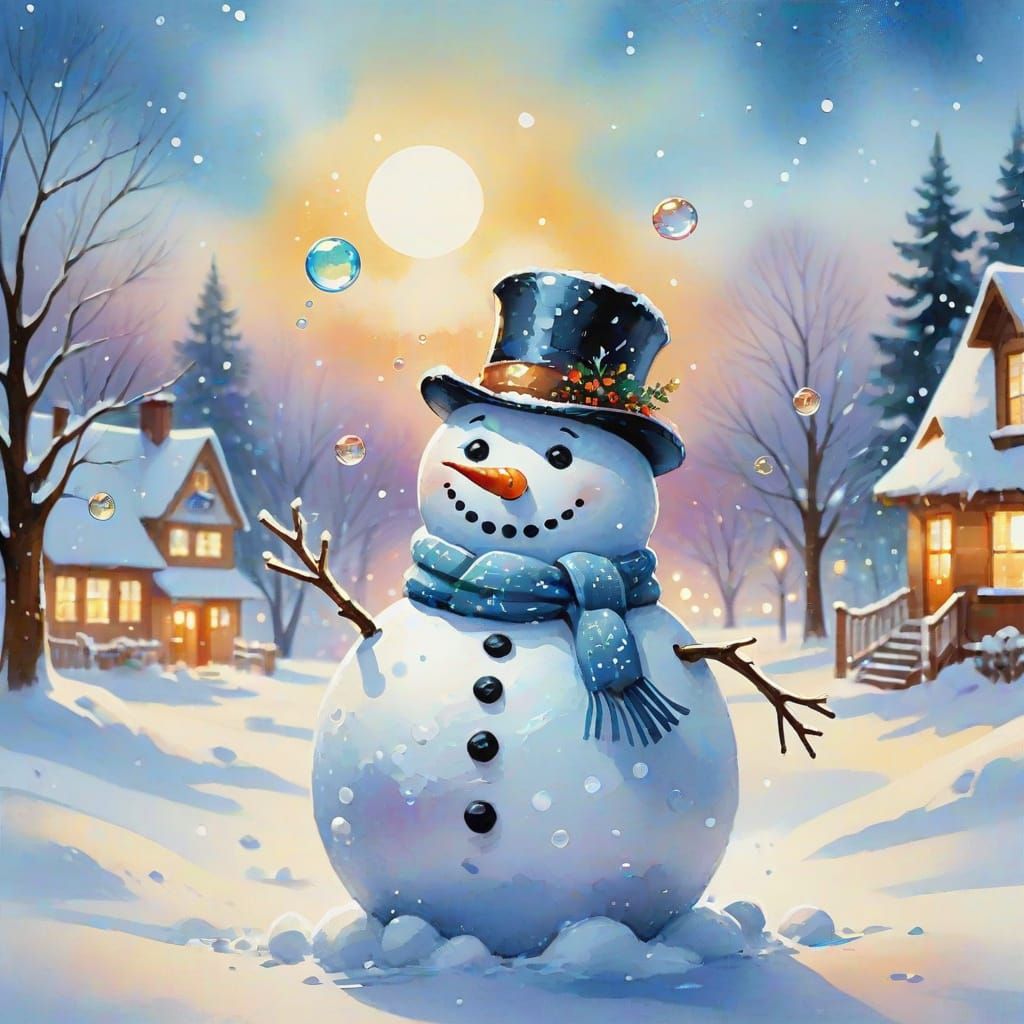 Whimsical Snowman Blows Bubbles in Playful Winter Wonderland