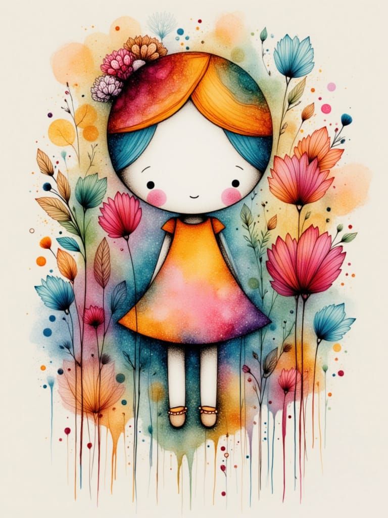 Dainty Female Portrait in Vivid Alcohol Ink Style