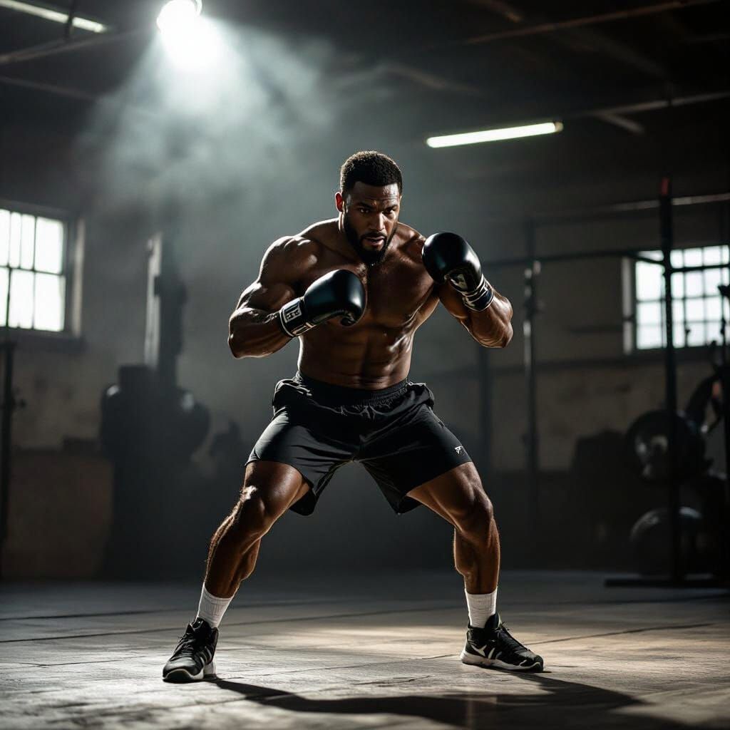 Athletic Man Shadow Boxing in Industrial Gym