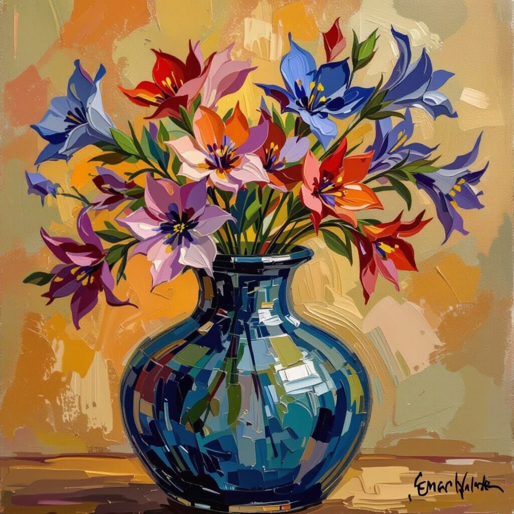 Encaustic Gentian Flower Painting With Vibrant Impasto Textu...