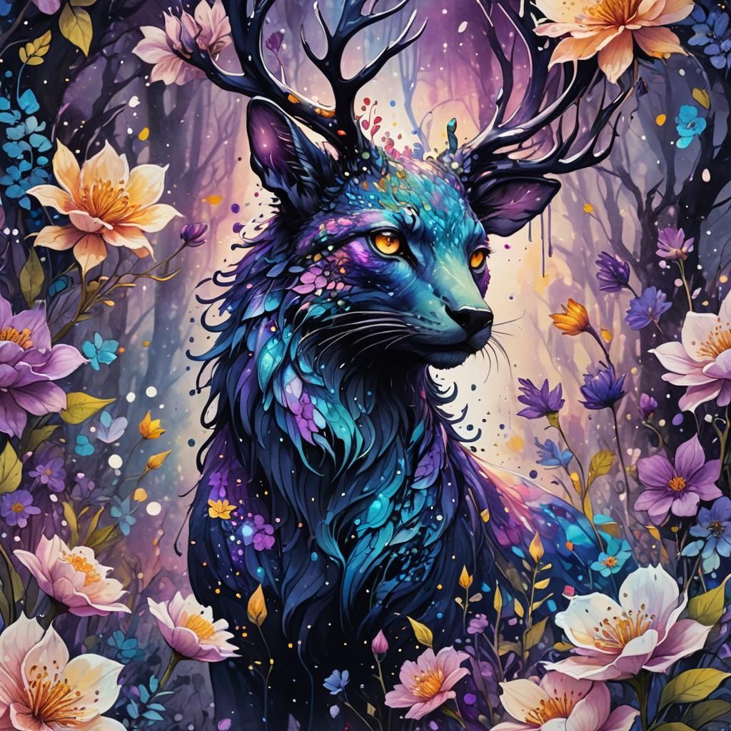 Mystical Forest Creature in Iridescent Art Nouveau Style
