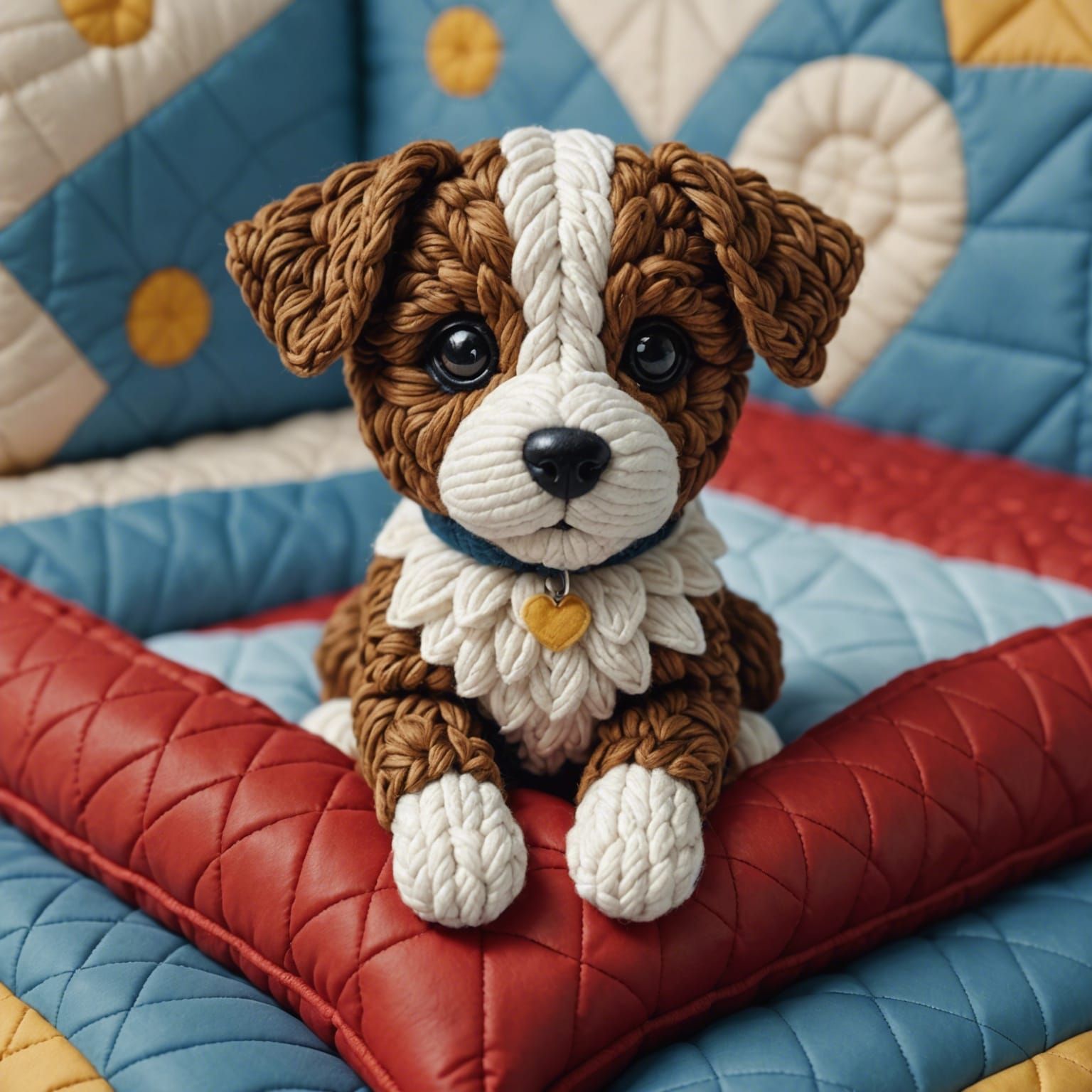 Hyperrealistic Quilted Yarn Puppy on Quilted Bed