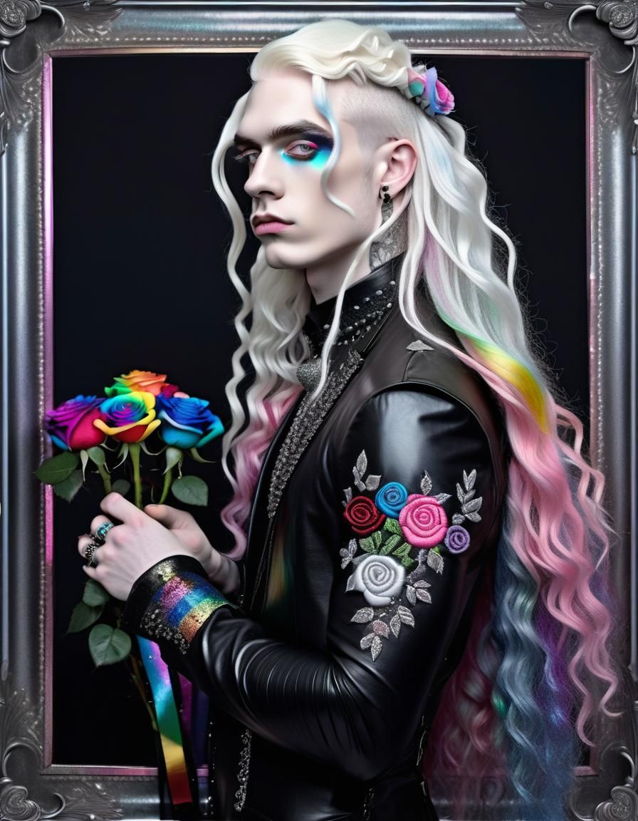 Goth Man with Rainbow Rose Embroidery and Glitter
