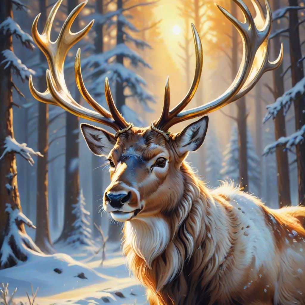 Reindeer Portrait with Golden Horns in Digital Painting
