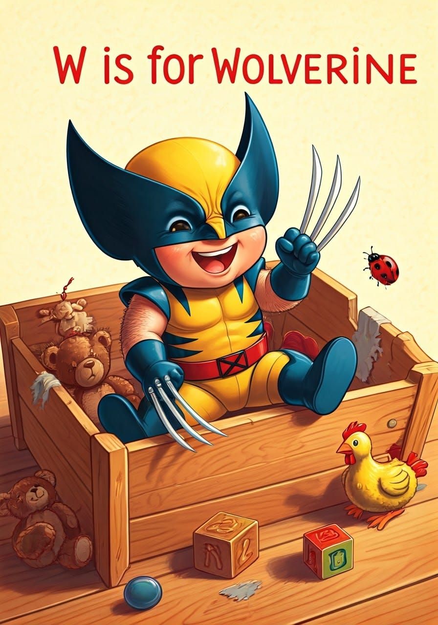 Chibi Wolverine Playtime in Ladybird Book Style