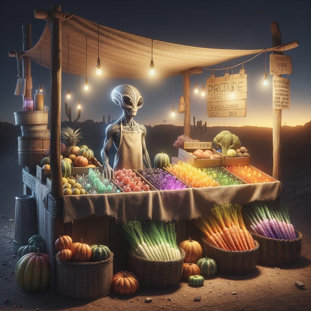 Alien Produce Stand at Dusk: Photorealistic Art