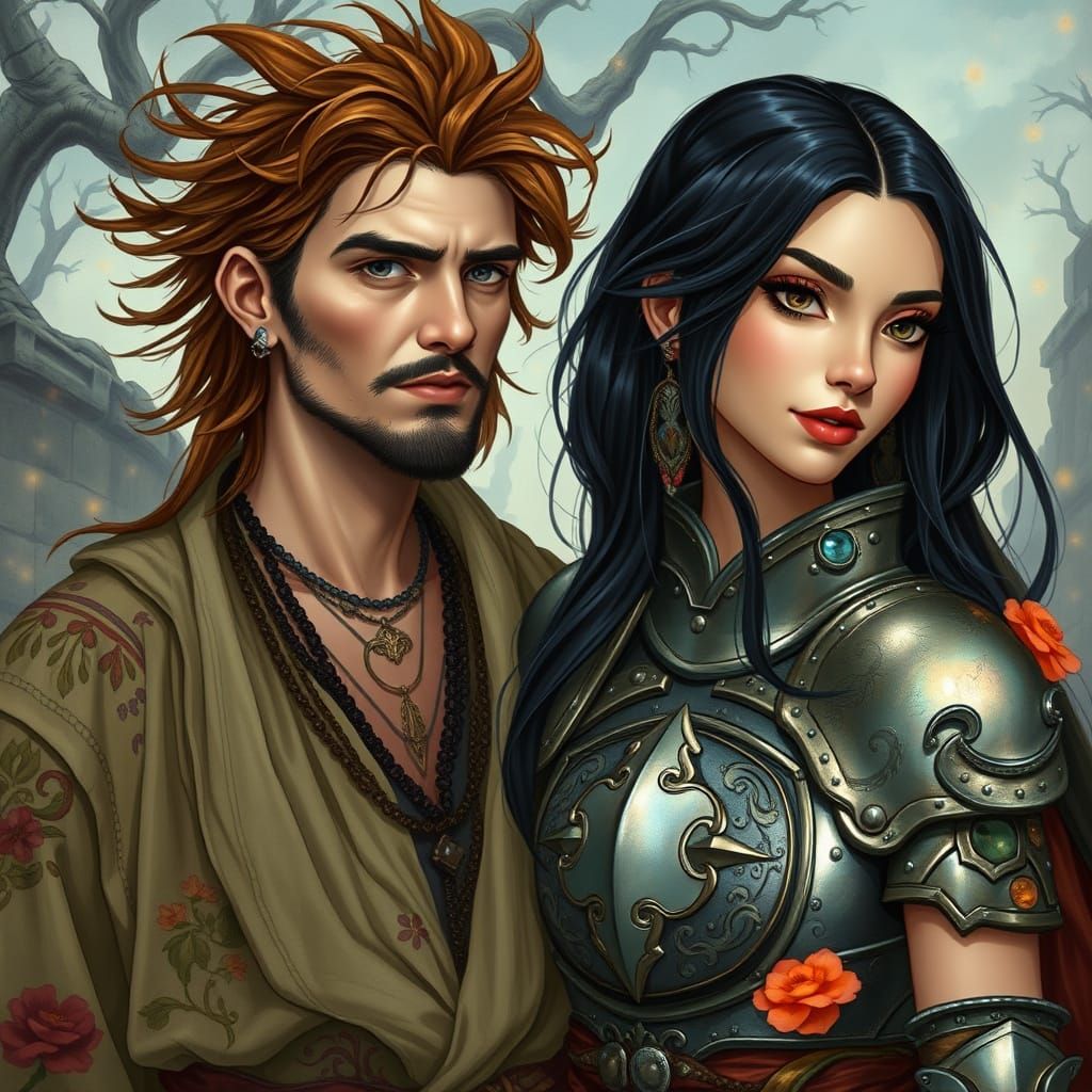 Bohemian Warrior and Enchantress in Dreamlike Fantasy Landsc...