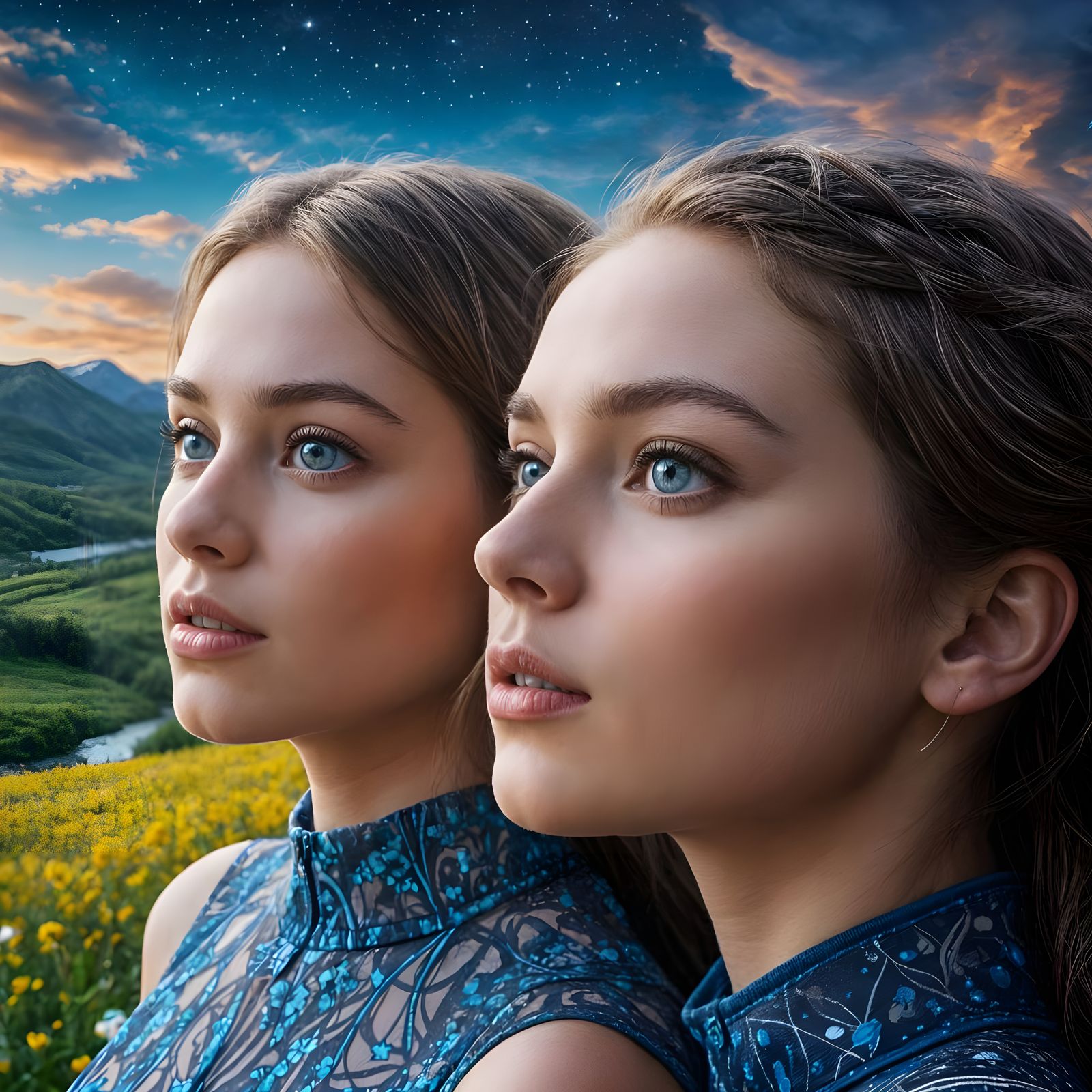 Girls with Kaleidoscopes Under Starry Night Sky