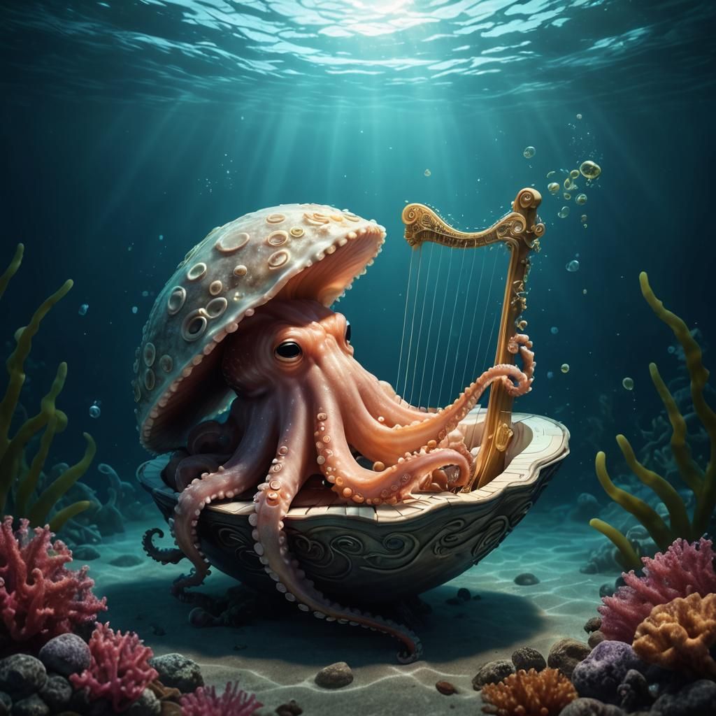Octopus Concert: Underwater Harpist in Digital Art