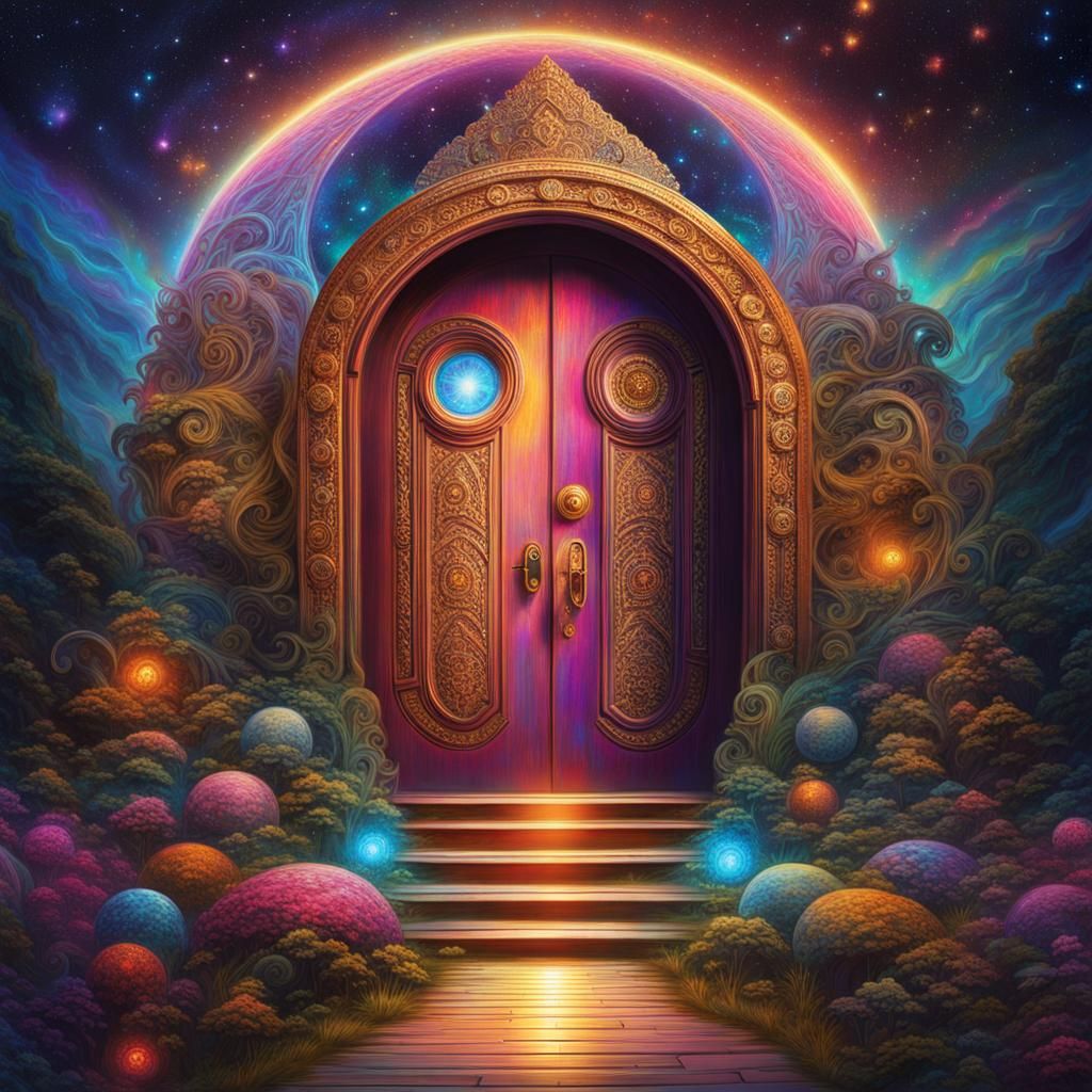 Tiny door fantasy to a magical world 8k resolution holographic astral cosmic illustration mixed media by Pablo Amaringo